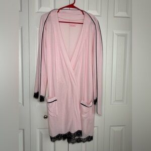 Victoria Secret Robe Pink w/ Black Piping Lace Knee Length Pockets Women's Sz M